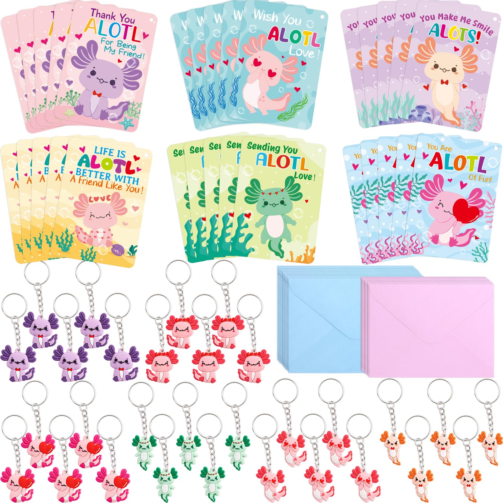 Fancy Land 30 Pack Valentines Cards Classroom Kids Axolotl Valentines Day Cards with Keychains Valentine Gift Set Exchange Boys 