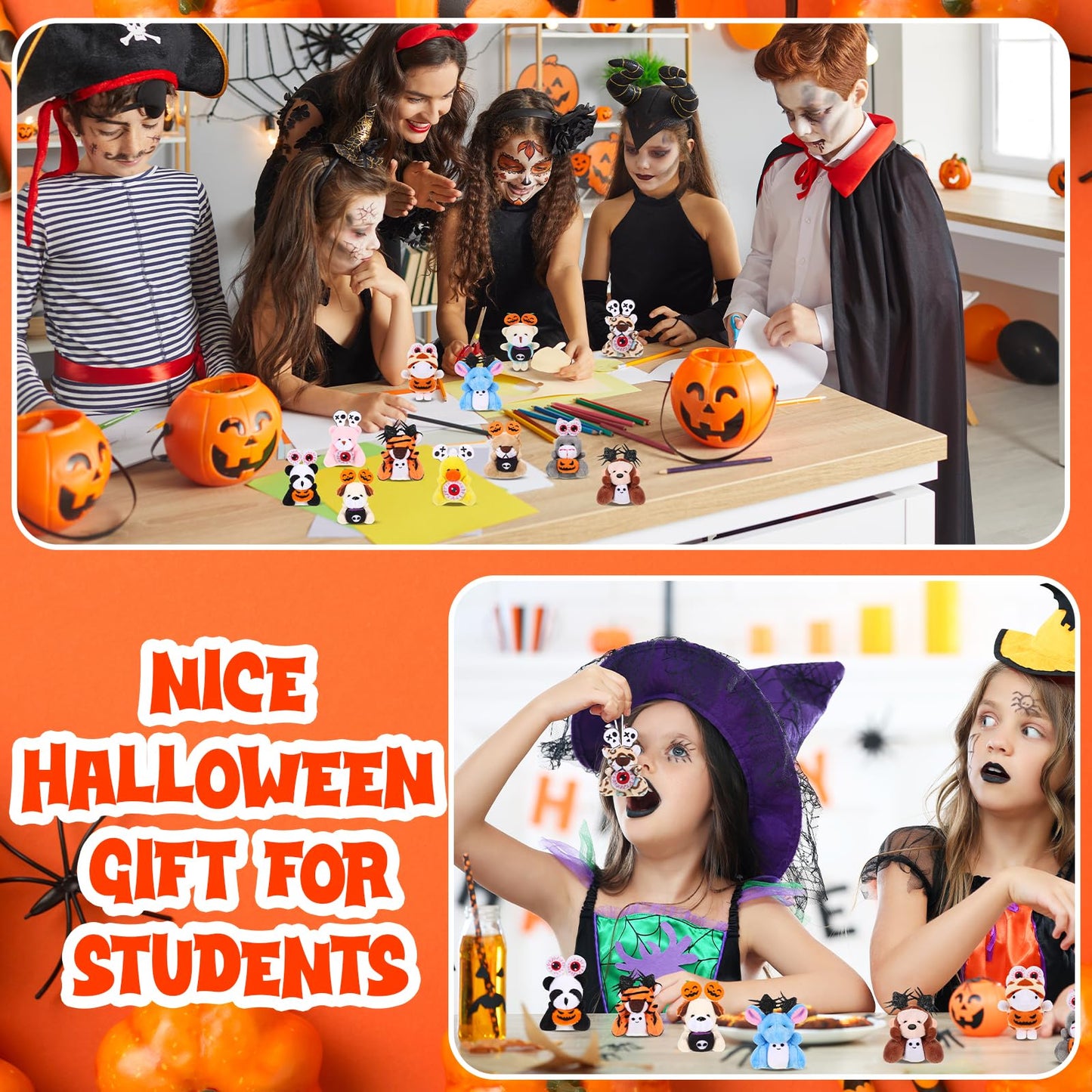 Civaner 12 Pcs Mini Halloween Stuffed Animals Bulk Tiny Soft Halloween Plush Animal Toy Small Pumpkin Bear Puppy Keychain Doll F