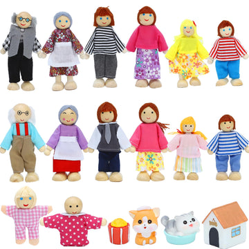 ONEST 18 Pieces Wooden Dollhouse Family Set Mini People Figures Dog Cat Sets Dollhouses Dolls Wooden Doll Family Pretend Play Fi