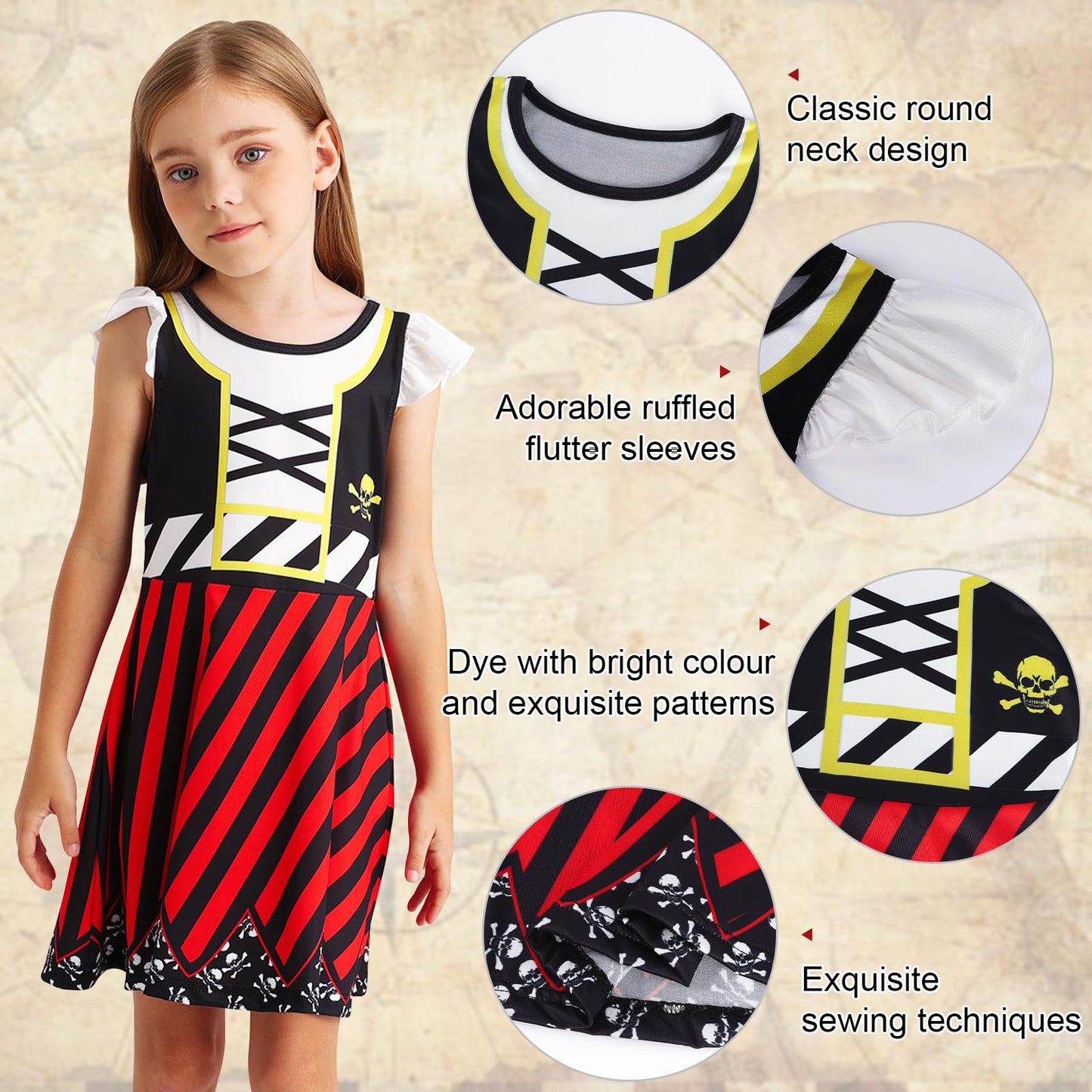 Eledobby Girls Pirate Dress Halloween Outfits Kids Pirate Costume Birthday Party Cosplay Buccaneer Dress