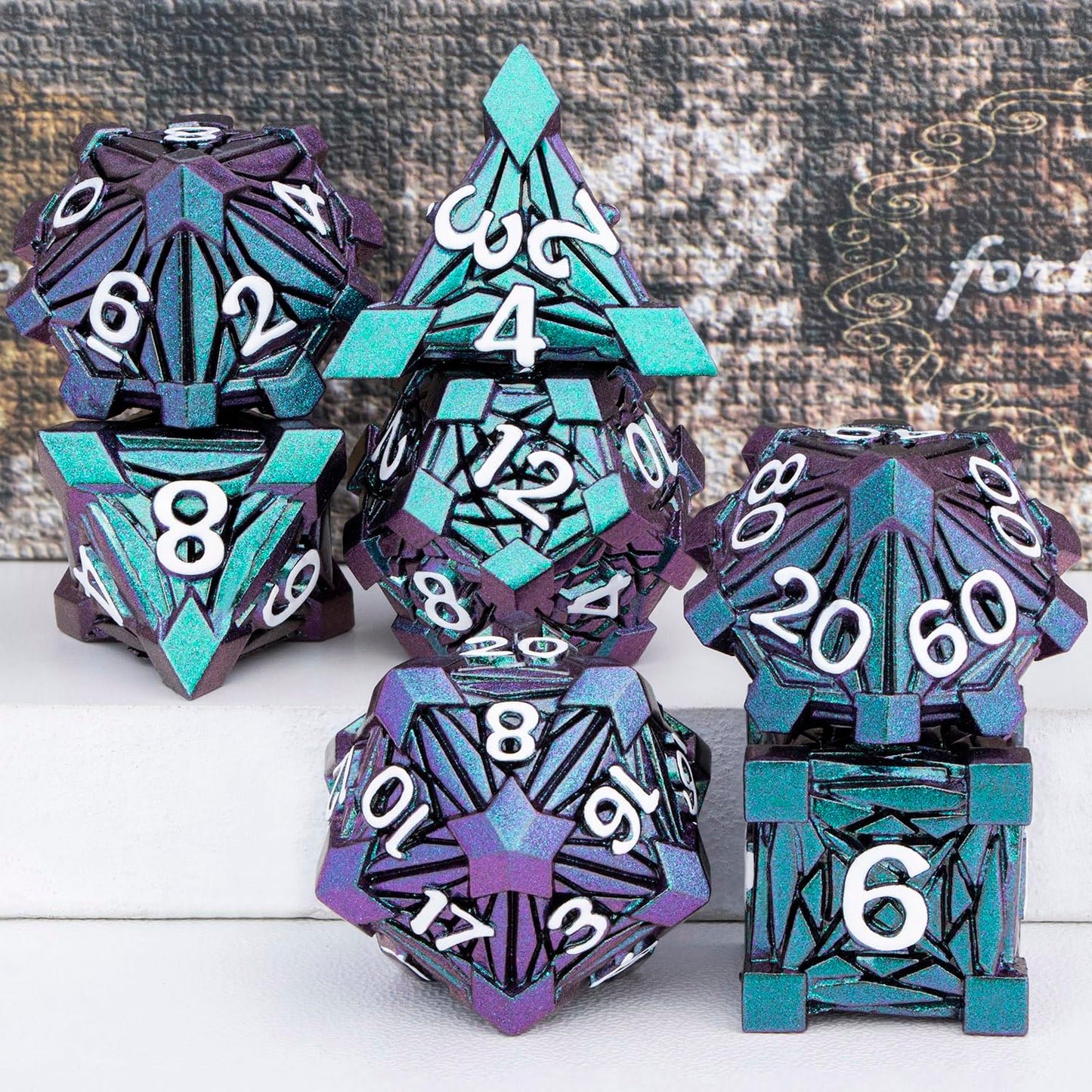 ORIFANTOU 7PCS Metal DND Dice Set with Box, Debris RPG Green Purple D and D Dice for use with D&D Tabletop Games Role Playing Ga