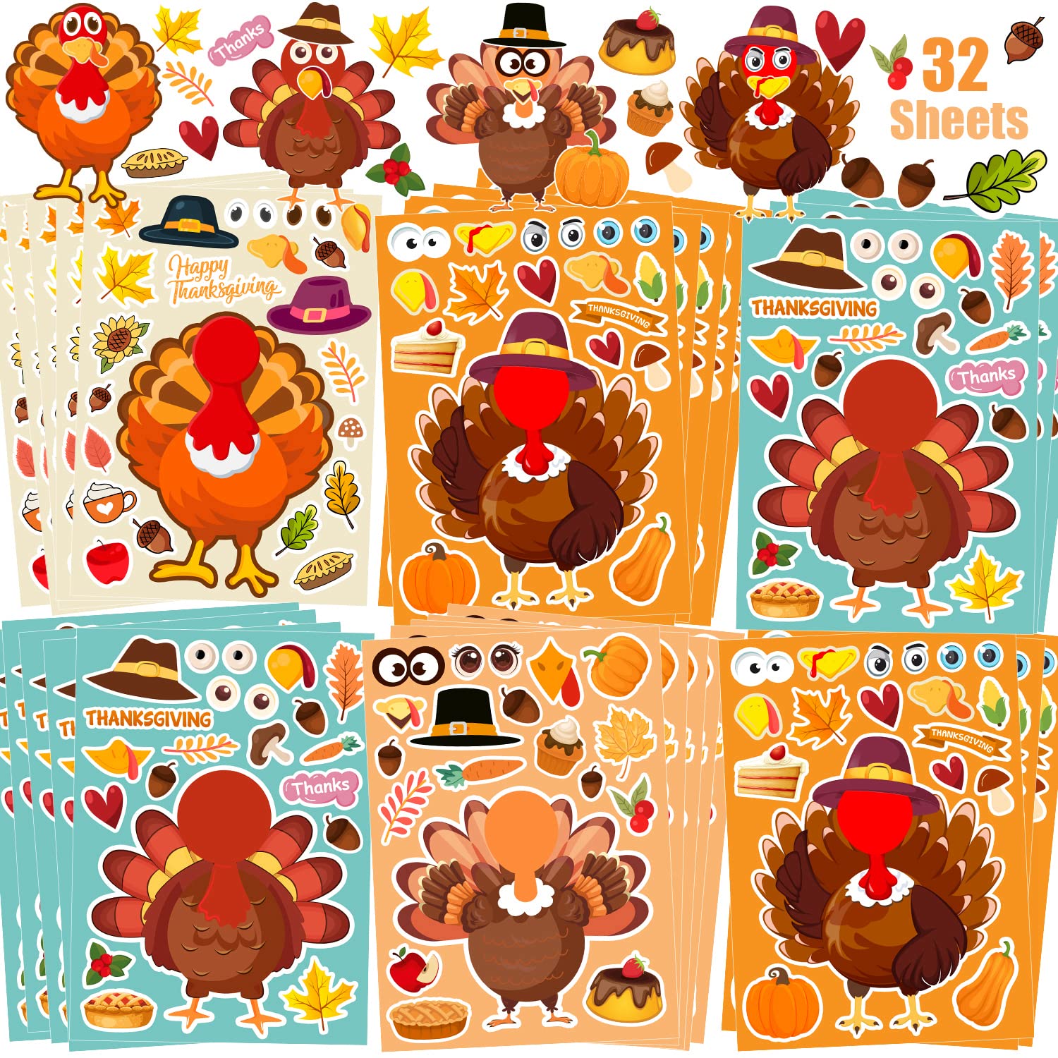 32 Sheets Thanksgiving Stickers, Thanksgiving Crafts for Kids, Make-A-Turkey Stickers for Kids Thanksgiving Party Favors Decorat