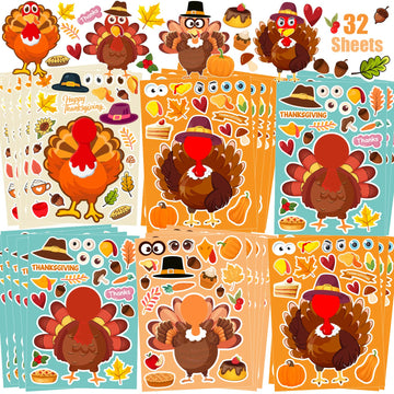 32 Sheets Thanksgiving Stickers, Thanksgiving Crafts for Kids, Make-A-Turkey Stickers for Kids Thanksgiving Party Favors Decorat