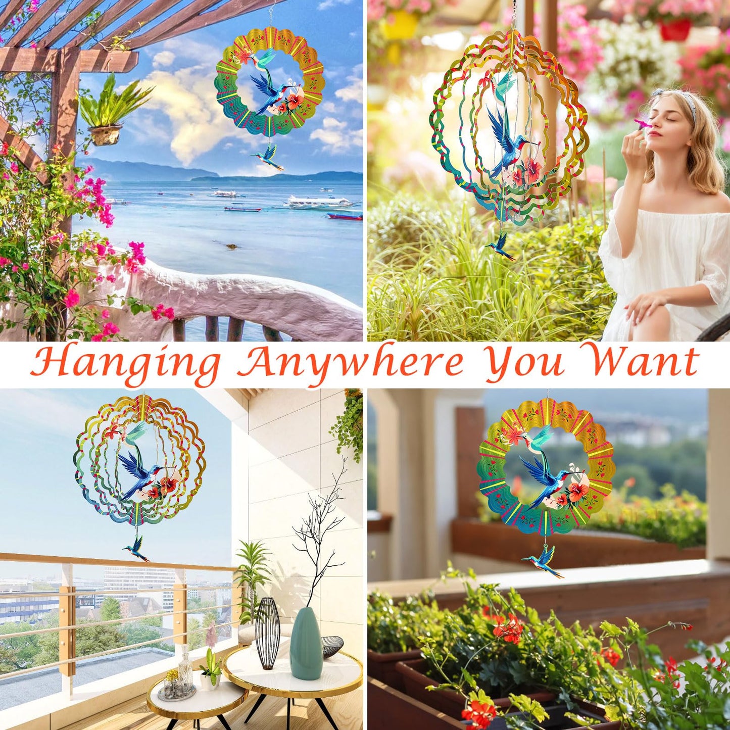 Hummingbird Metal Wind Spinners, Hummingbird Gifts For Women Mom Grandma Wife Men, 12 Inch 3D Stainless Steel Hanging Wind Spinn