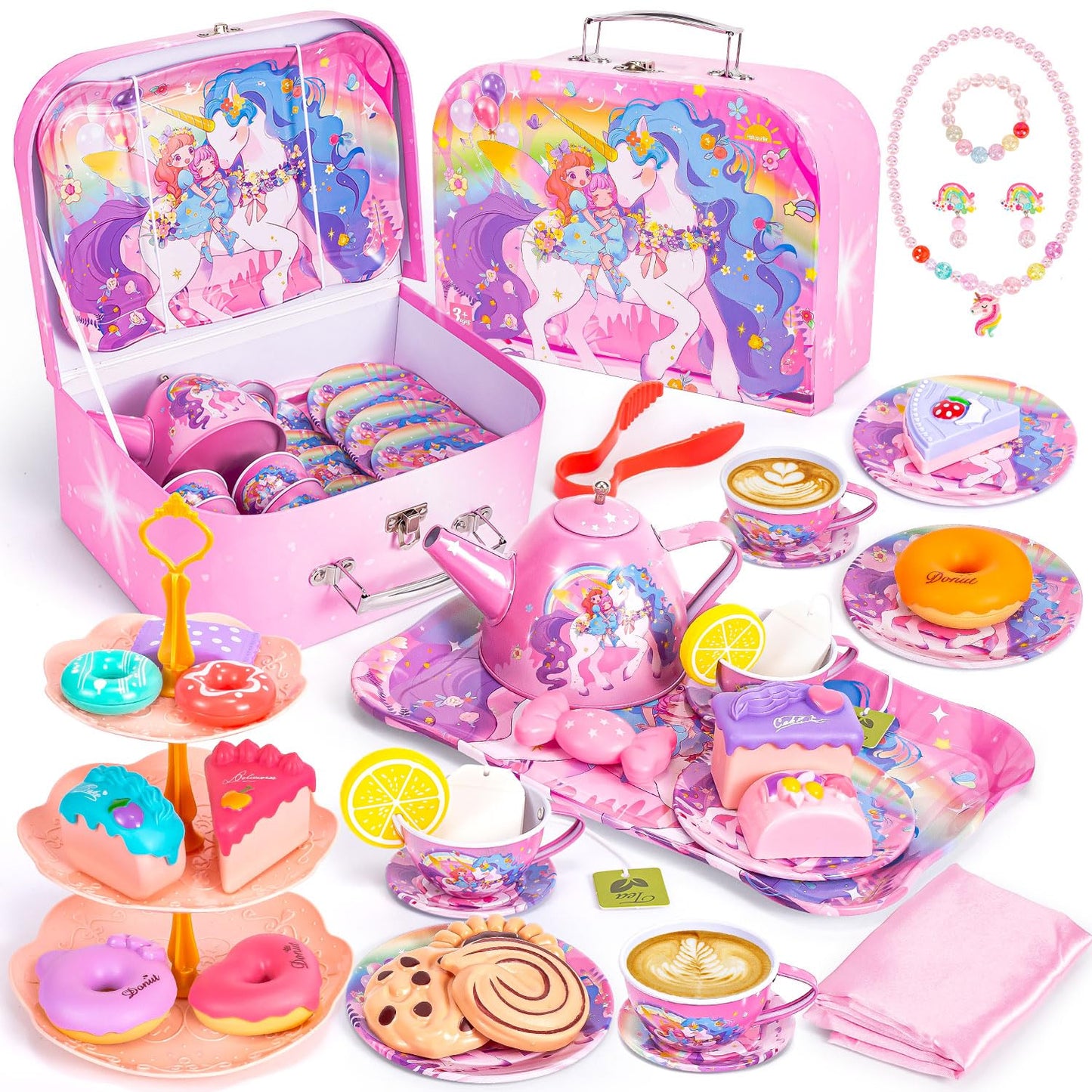 Unicorn Tea Party Set for Little Girls, Toddler Princess Toy Tea Set, Pretend Play Teapot Dessert Tea Cup Set Food Kitchen Plays
