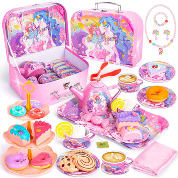 Unicorn Tea Party Set for Little Girls, Toddler Princess Toy Tea Set, Pretend Play Teapot Dessert Tea Cup Set Food Kitchen Plays