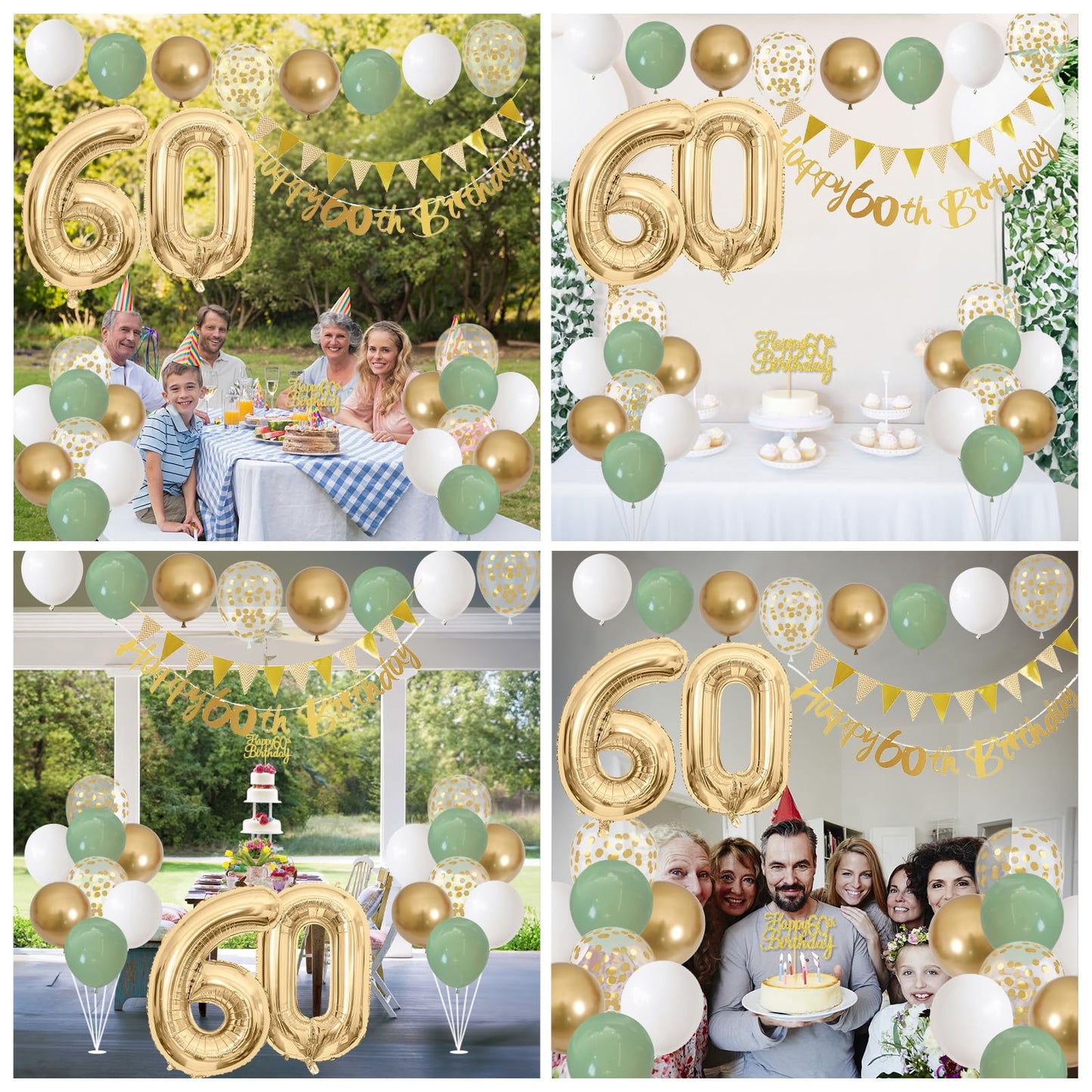 60Th Birthday Decorations For Men Women, Sage Green White Gold Birthday Balloons With Happy 60Th Birthday Banner Birthday Cake T