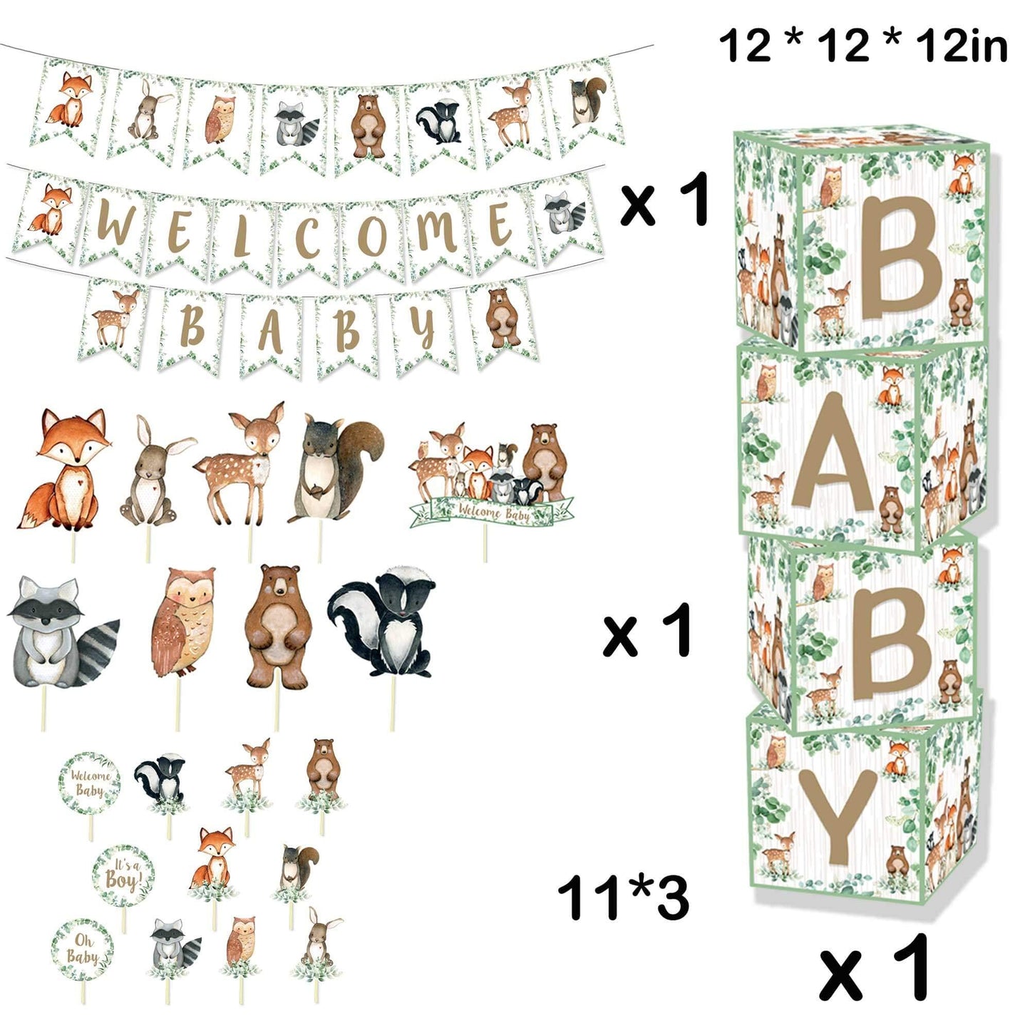 Heeton Woodland Baby Shower Party Supplies Decorations Boxes Fox Balloon Oh Baby Welcome Baby Banner Creatures Fawn Animal Friends Garland Backdrop Cake Cupcake Topper For Girl Boy Gender Reveal