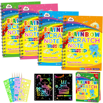 Zmlm Scratch Art Party Favors: 4 Pack Rainbow Scratch Paper Art Set For Kids 3-12 Years Old Art And Craft Notebook Girl Boy Birthday Gift Goodie Bag Stuffers(5 Wooden Stylus & 4 Drawing Stencils)