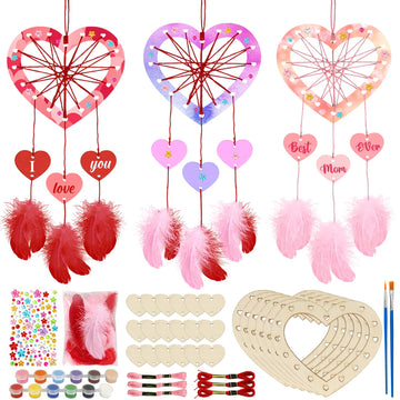 Fennoral 6 Pack Heart Dream Catcher Craft Kit For Kids Paint You Own Love Heart Dream Catcher Diy Coloring Mother'S Day Wooden A