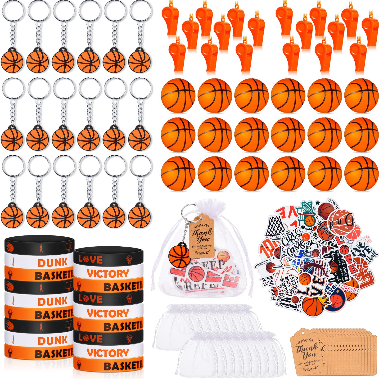 158 Pcs Basketball Party Favors Set 18 Basketball Keychains 18 Silicone Bracelets 18 Mini Basketball 18 Whistles 50 Stickers 18