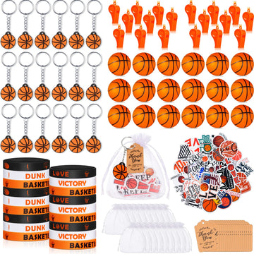 158 Pcs Basketball Party Favors Set 18 Basketball Keychains 18 Silicone Bracelets 18 Mini Basketball 18 Whistles 50 Stickers 18