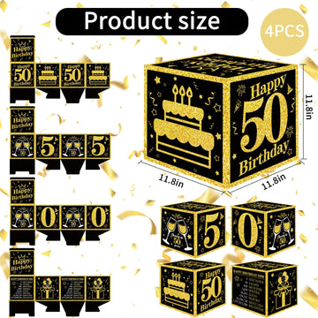 Toniful 4 Pcs 50Th Birthday Decorations Boxes For Men Women,Fifty Years Old Birthday Cardboard Box Party Supplies,Black And Gold