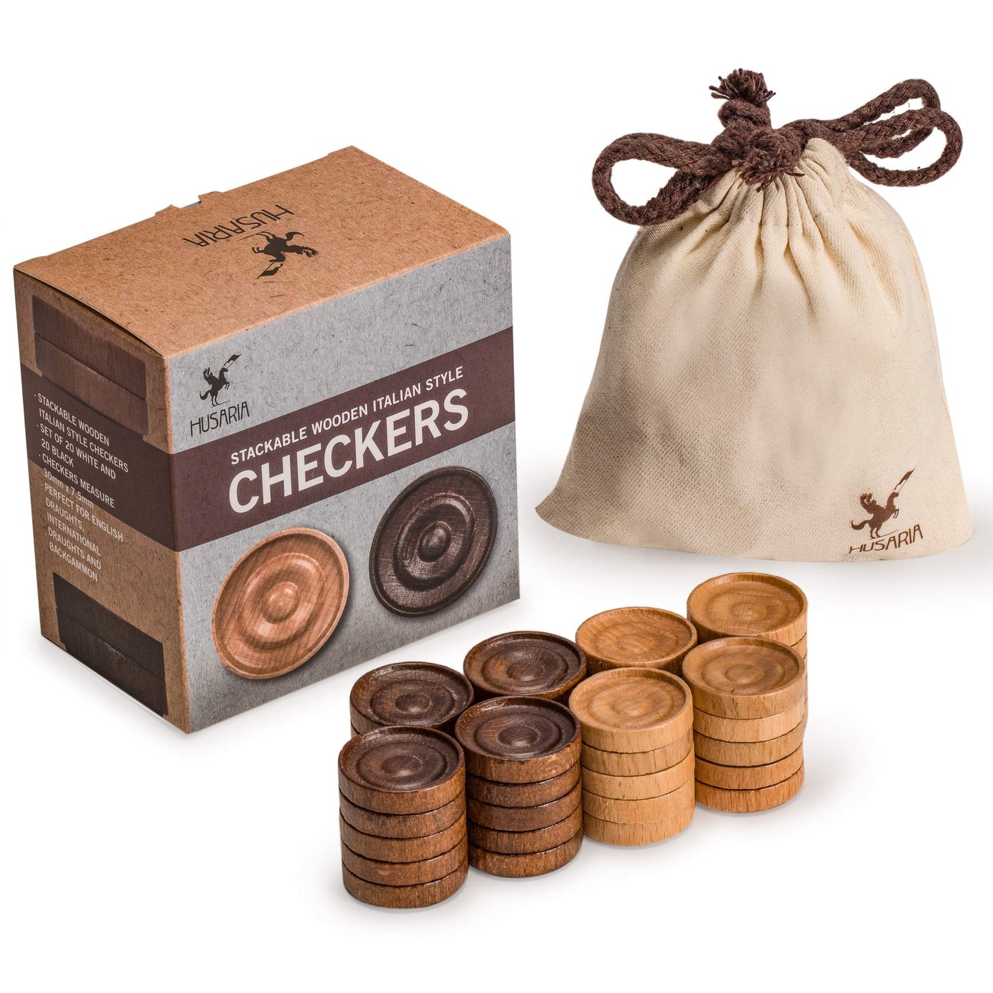 Yellow Mountain Imports Wooden Italian Style Checker Pieces, 40 Brown Pieces with Stackable Ridges and Drawstring Pouch