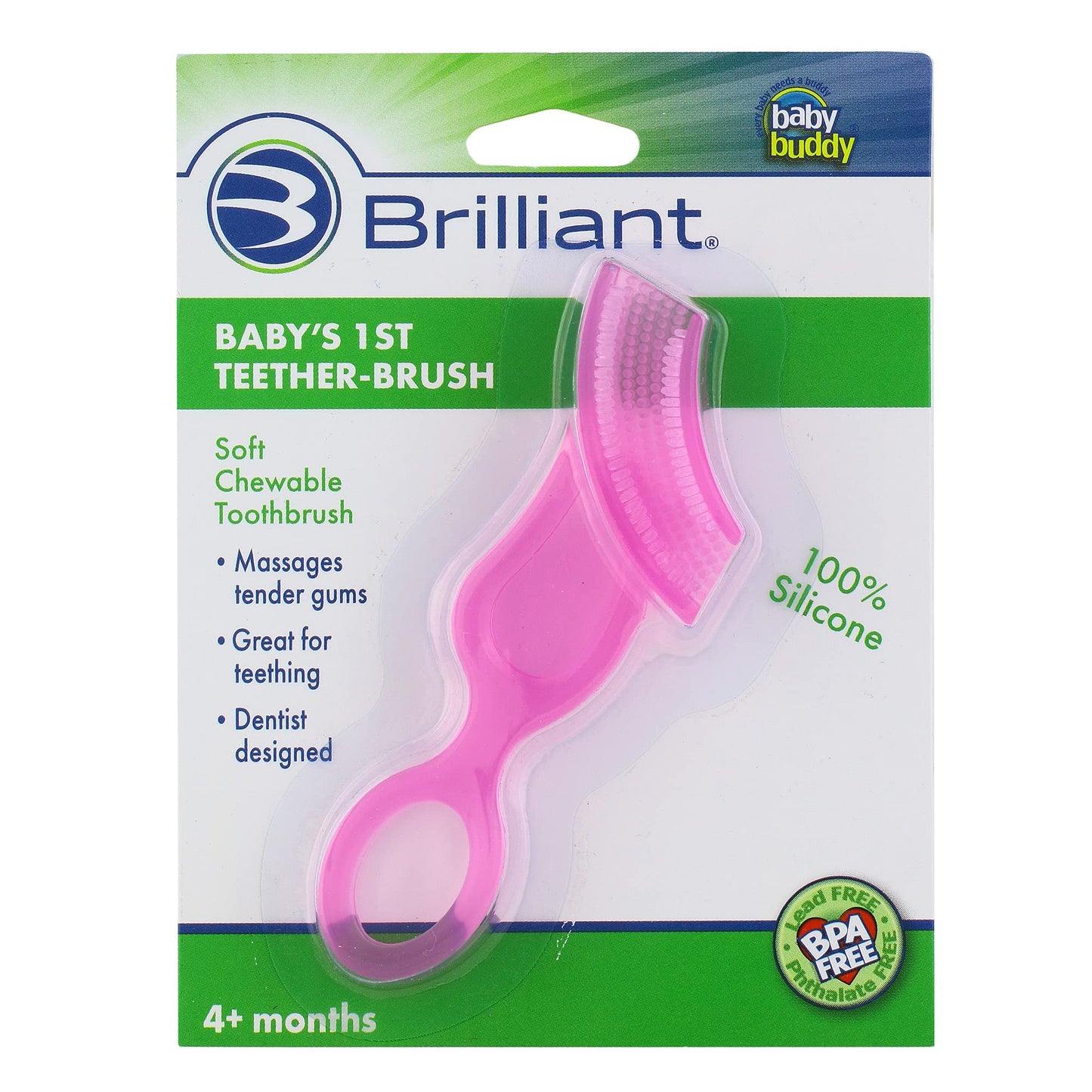 Brilliant Baby Toothbrush - Smooth Silicone Bristles, Pink, 1 Count, Model 00501P, for Ages 4+ Months