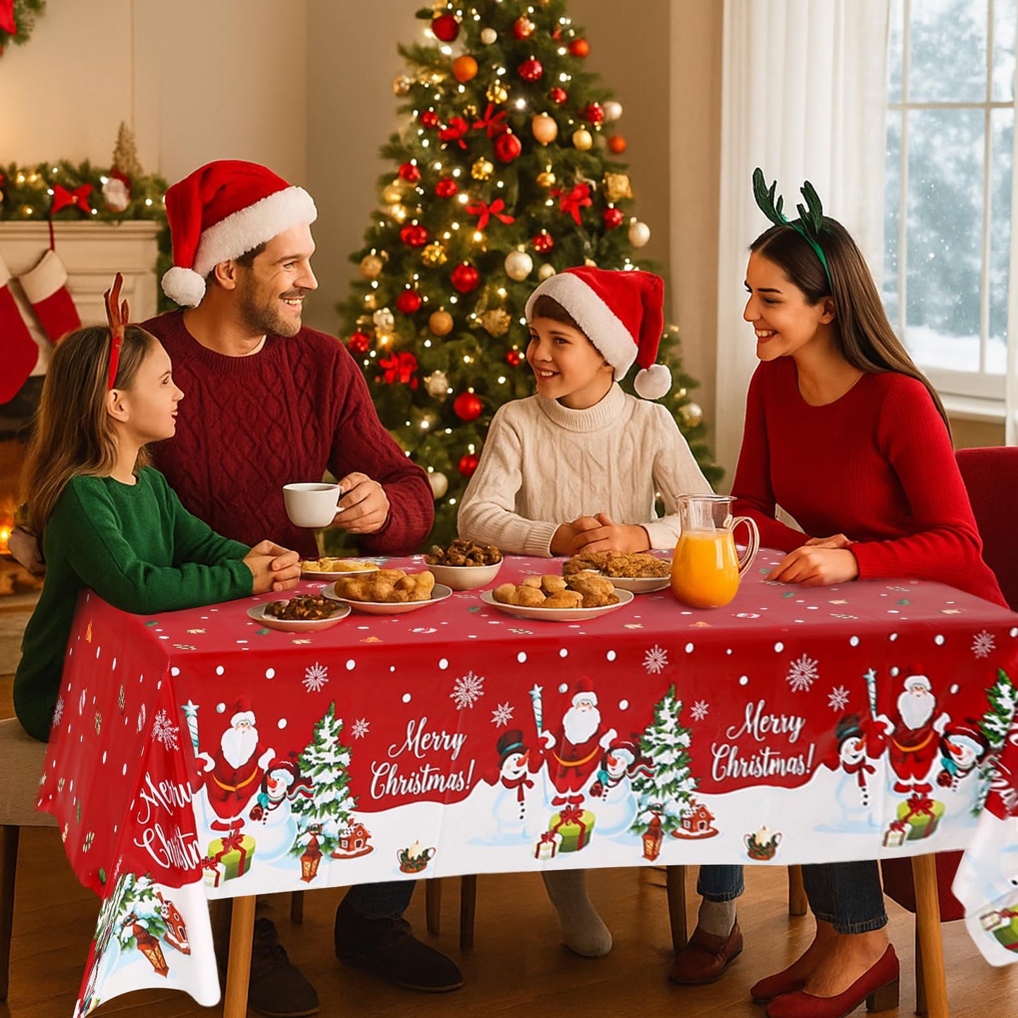 Staraise 3PCS Christmas Tablecloth, Red Rectangular Plastic Christmas Tablecloth, Winter Snowflake Snowman and Santa Claus Dispo
