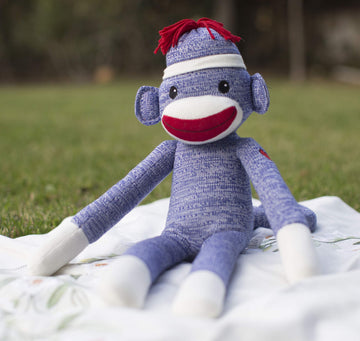 Plushland Adorable Blue Sock Monkey, The Original Traditional Hand Knitted Stuffed Animal Puppet 20 Inches