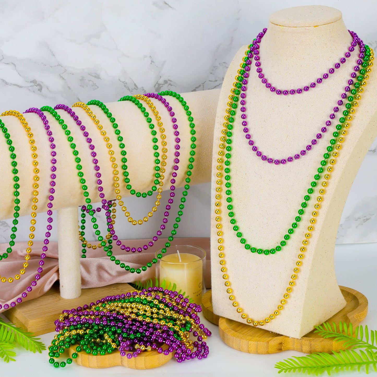 100 Pcs Mardi Gras Beads, 33'' Mardi Gras Beads Necklaces Bulk, Round Purple Gold Green Beads Bulk, Parade Throw Accessories Set