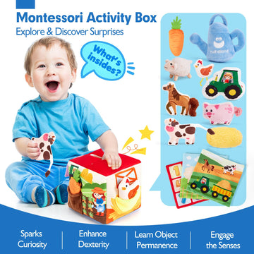 Hahaland Baby Toys 6-12 Months - 13 Pcs Whats Inside Box Surprise Developmental Toy With Stuffed Farm Animals, Rattle, Crinkle T