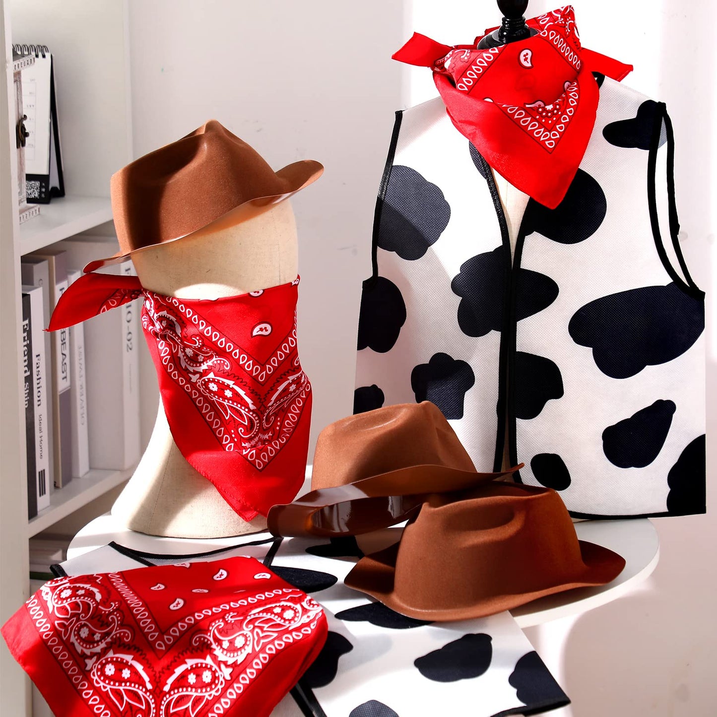 18 Pcs Kids Western Costume Set Include 6 Western Cowboy Felt Hat With 6 Bandanna 6 Cow Vest Tops For Boys Girls Halloween (Brown)