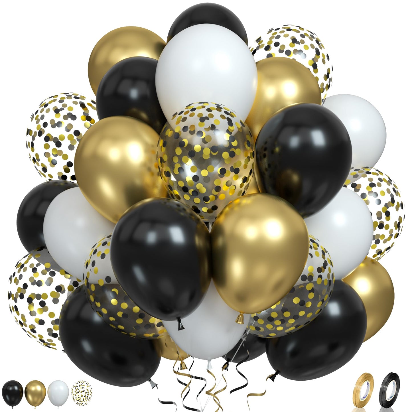 Paready Black Gold Balloons, 60 Pcs Black White Party Balloons 12 Inch Metallic Gold And White Latex Balloons Gold Black Confett