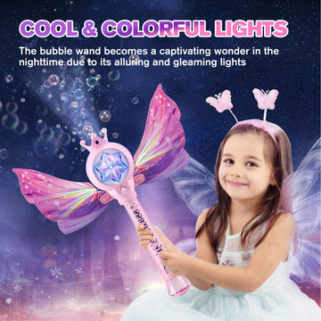 Dolanus Bubble Wands For Kids Girls - Bubble Machine With 7 Bubble Solutions & 3 Aa Batteries, Led Light & Music, Outdoor Party
