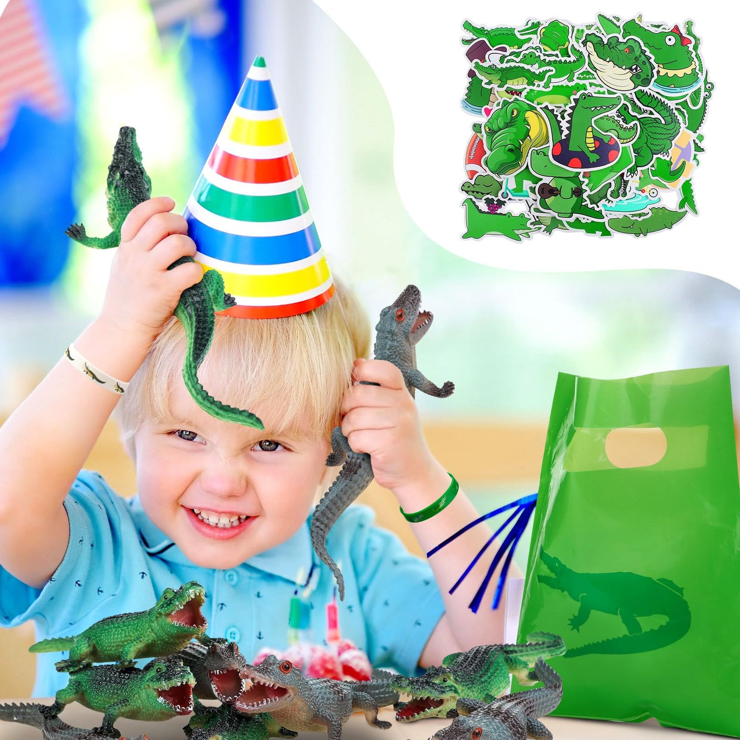 Leyndo 122 Pcs Crocodile Party Favors Gift Set Alligator Reptile Decorations Crocodile Silicone Wristbands Bracelet Stickers Toy
