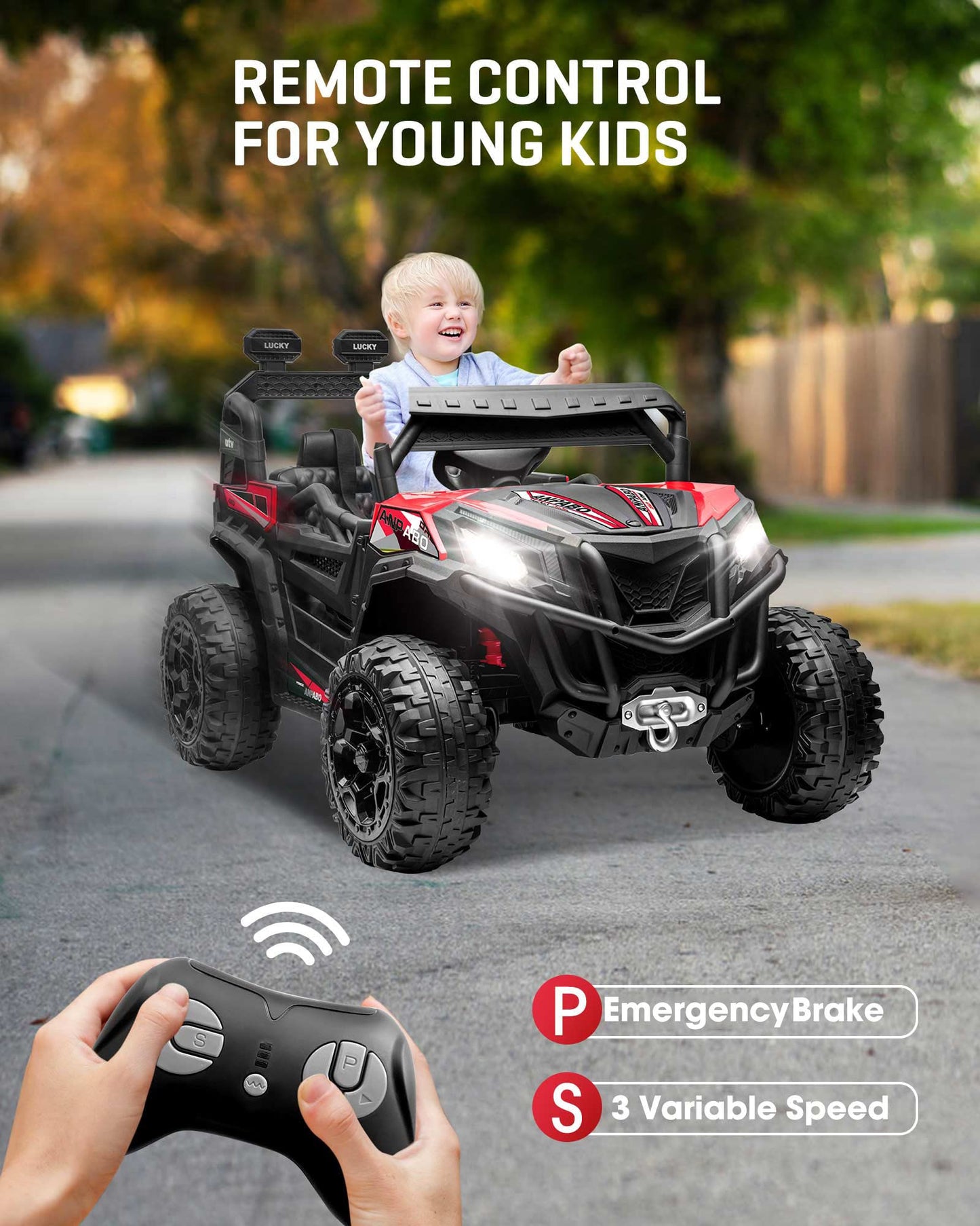 Anpabo 24V 4X4 Ride On Car Truck W/Remote Control, 4Wd/2Wd Switchable Kids Utv, 19'' Spacious Seat, 4 Shock Absorbers, Soft Star