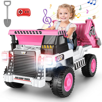 Hikole Kids Ride On Dump Truck With Remote Control, 4Wd Dump Truck With 12V 7Ah Battery, Electric Dump Bed,Shovel, Bluetooth, Music Player, Electric Cars For Girls, White & Pink
