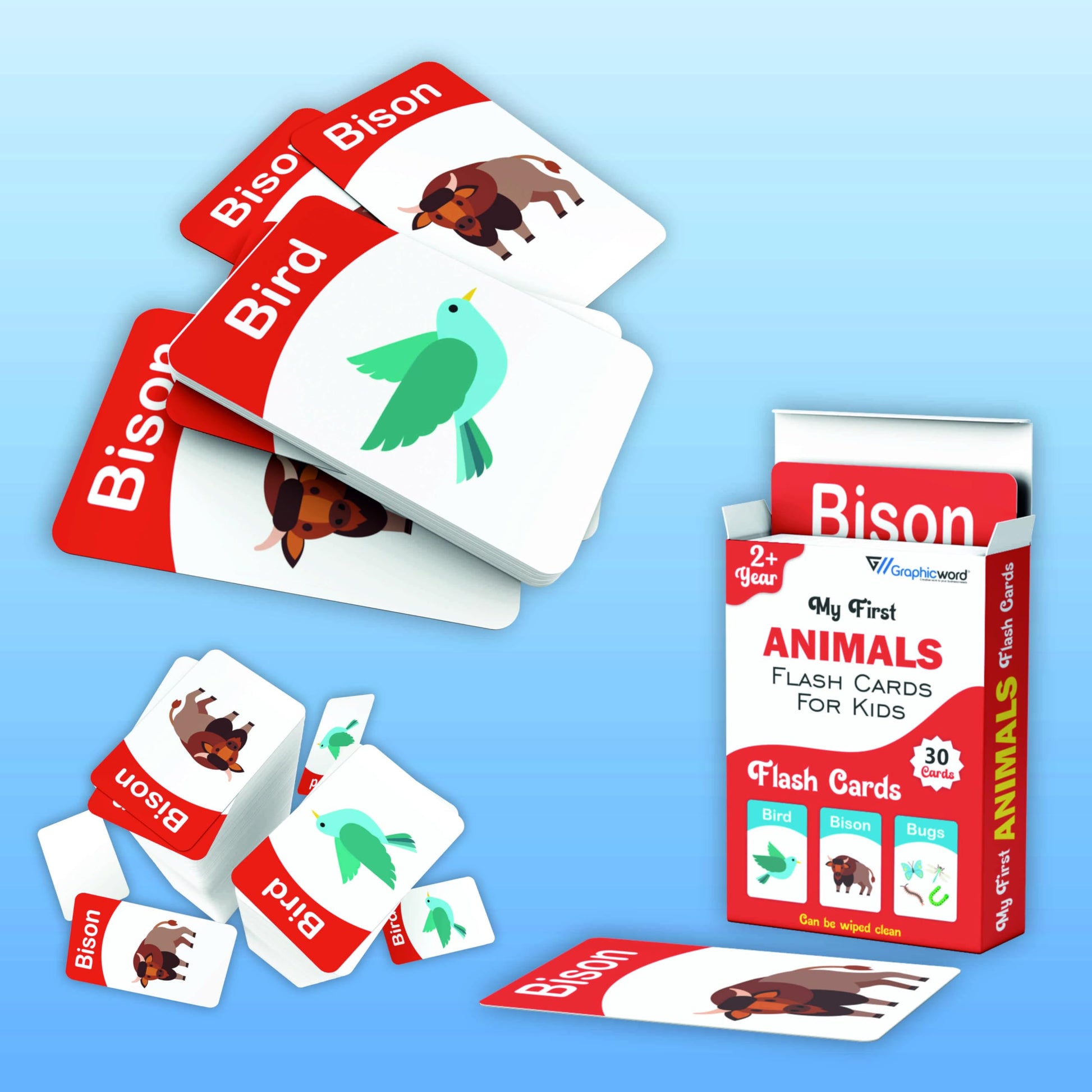 Graphic Word Animals Flash Cards For Kids, 30 Cards, Educational Learning Set For Age 2+, Birds Bison Bugs Theme
