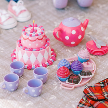 Sophia'S Complete Cake & Tea Party Accessories Set With Teapot, Teacups, Utensils, Pretend Dessert And Drinks For 18' Dolls, Pink/Purple