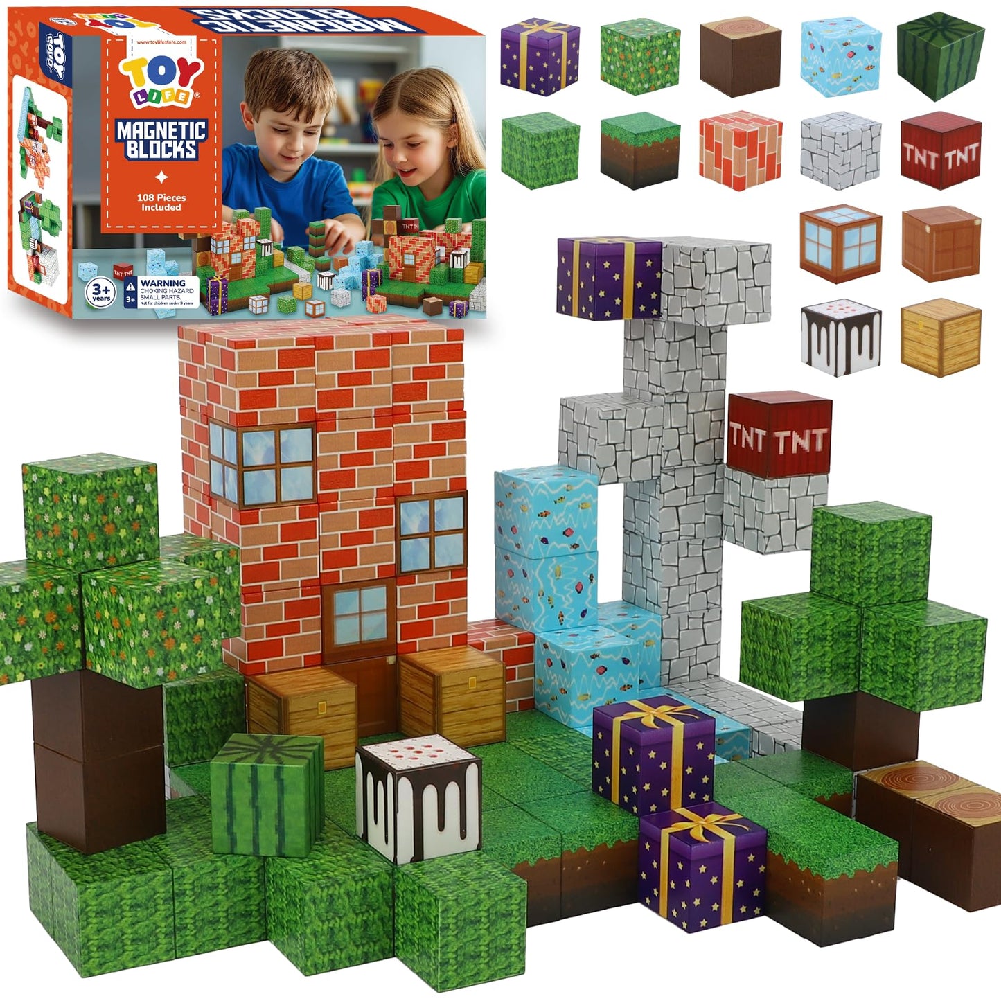 Magnetic Blocks, 108 Pcs Build Mine World Magnet Building Blocks Set for Kids Age 3+ Year Old Boys Girls, Magnetic Construction