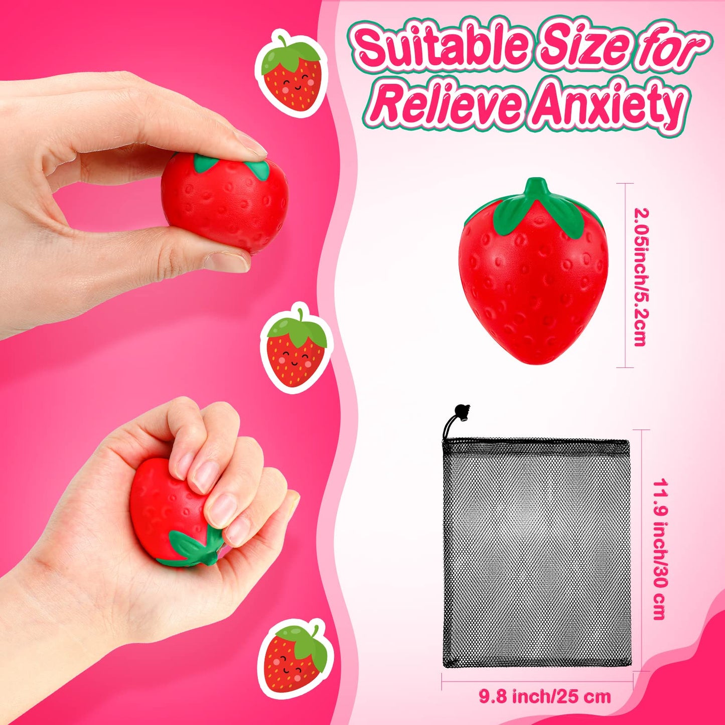 Geosar 24 Pcs 2 Inch Strawberry Stress Balls Mini Foam Strawberry Stretchy Toys Fruit Party Favor Stress Relief Fidget Toy With