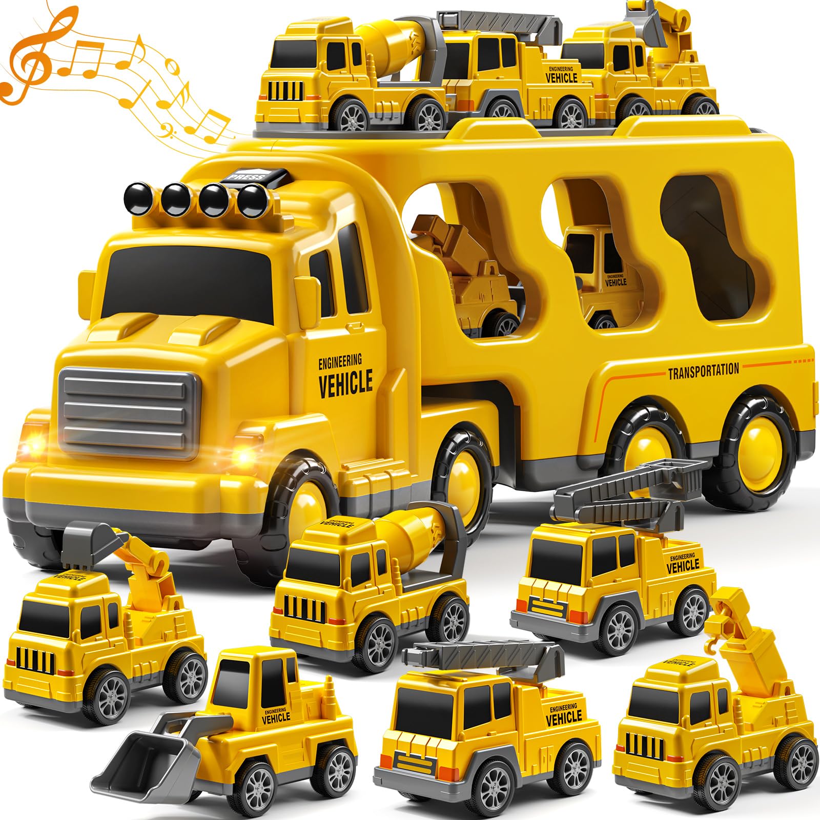 JUKUDAHU 7-in-1 Construction Truck Toys Sets for 3 4 5 6 Years Old Boys - Engineering Toys for Kids, Carrier Truck Toys for Boys