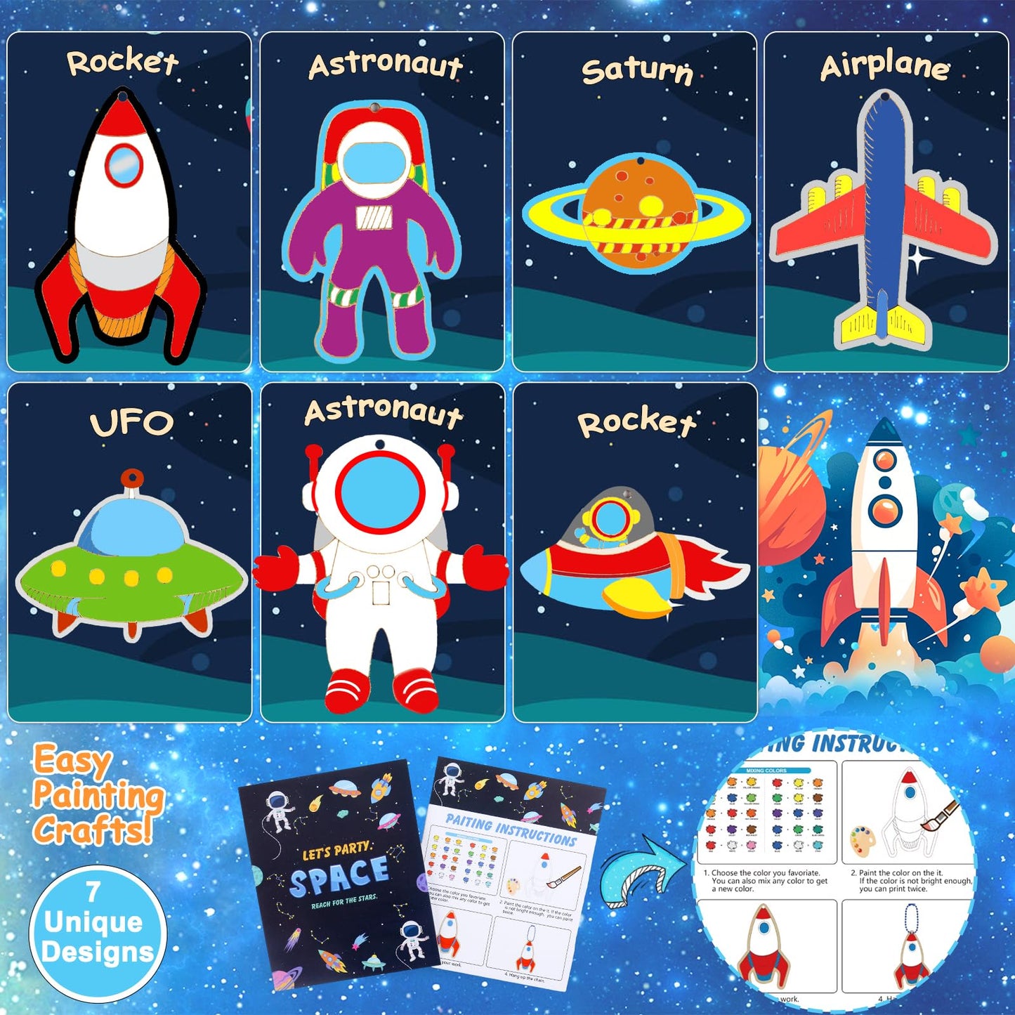 JOTIKO 24 Pack Space Themed Party Favors - Wood Keychain Painting Crafts Kits Art Supplies for Kids, Birthday Goodie Bag Filler