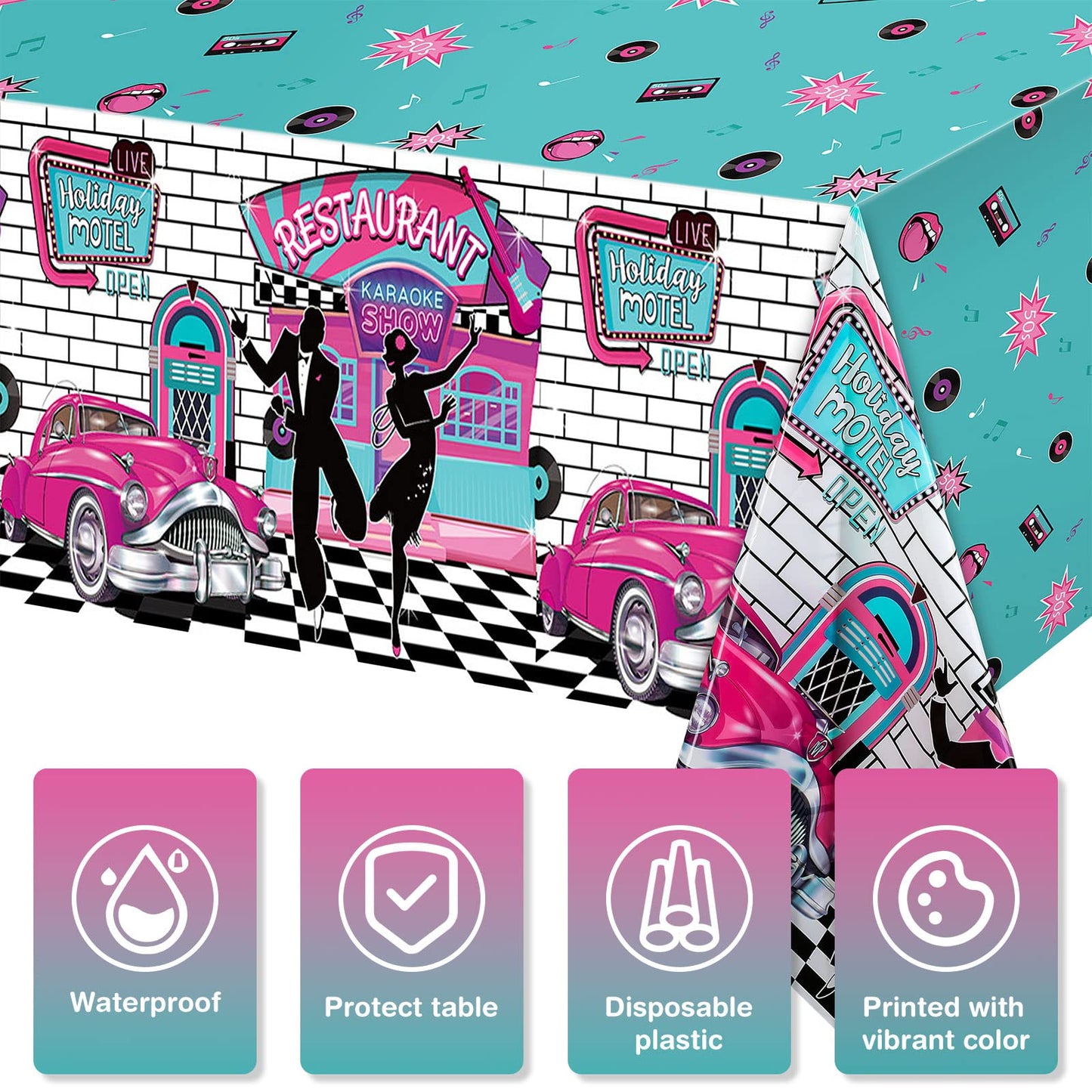 3 Pieces 50s Tablecloth 50s Party Decorations Rock and Roll Party Table Cover Large 1950s Plastic Tablecloth Back to 50s Rock