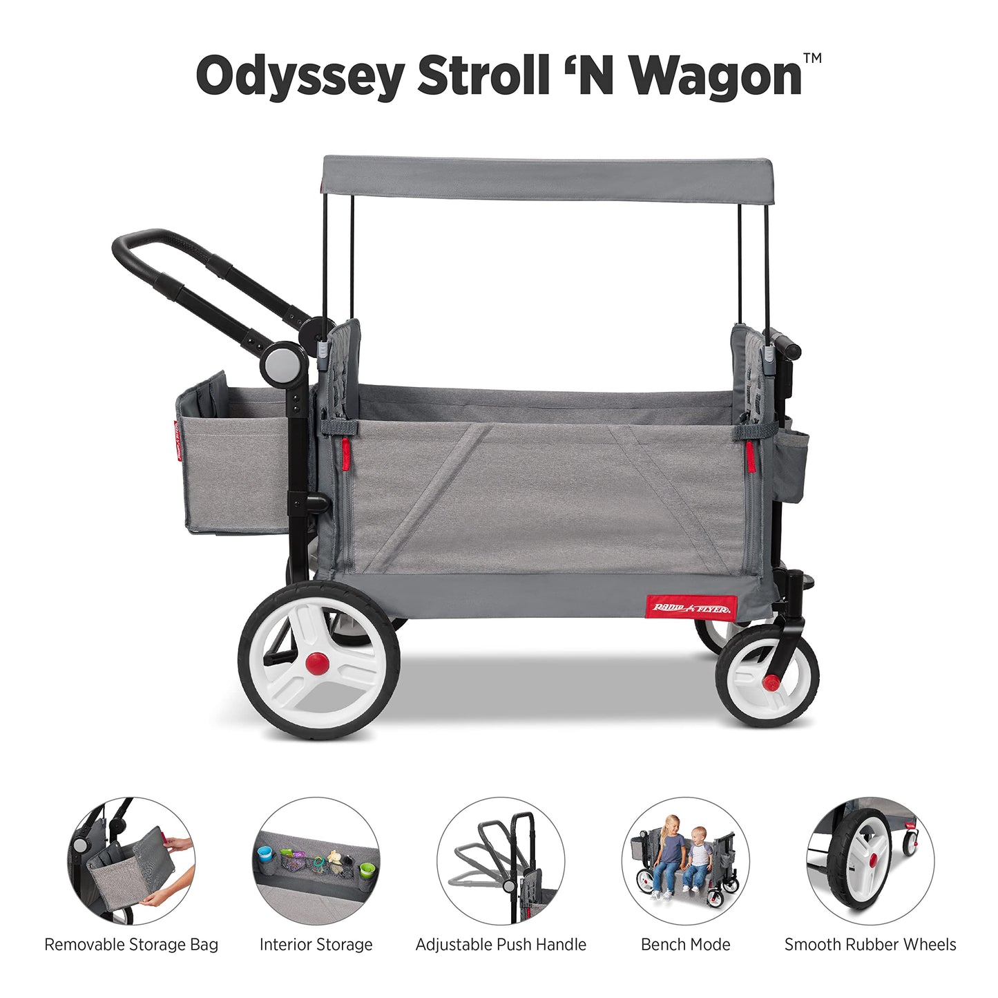 Radio Flyer Odyssey Stroll 'N Wagon, Grey Push Wagon With Canopy And Bag, 1+ Years