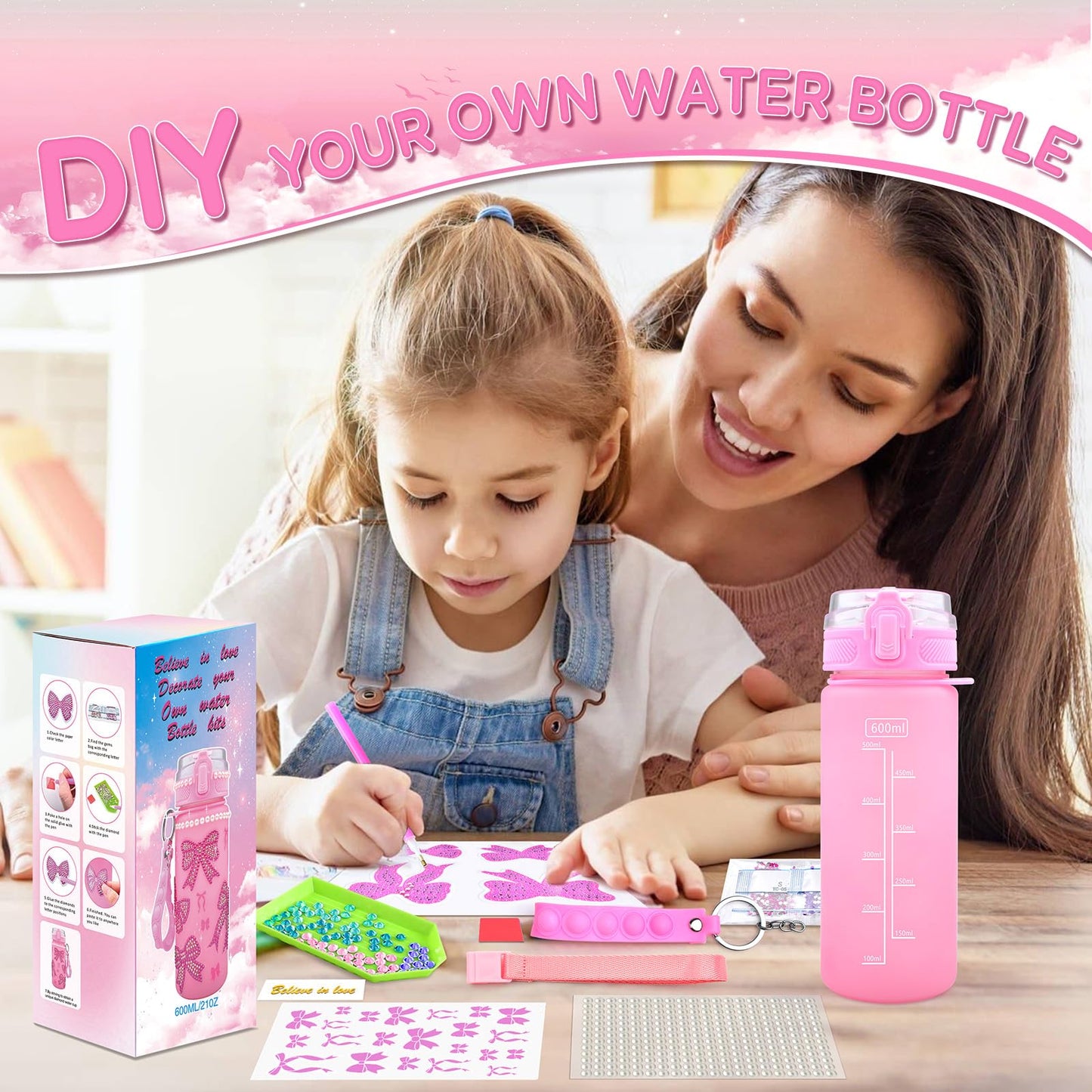 ASIOWELY Decorate Your Own Water Bottle Kits for Girls Age 4-6-8-10, Pink Bow Pattern Diamond Painting Art and Crafts for Boys A