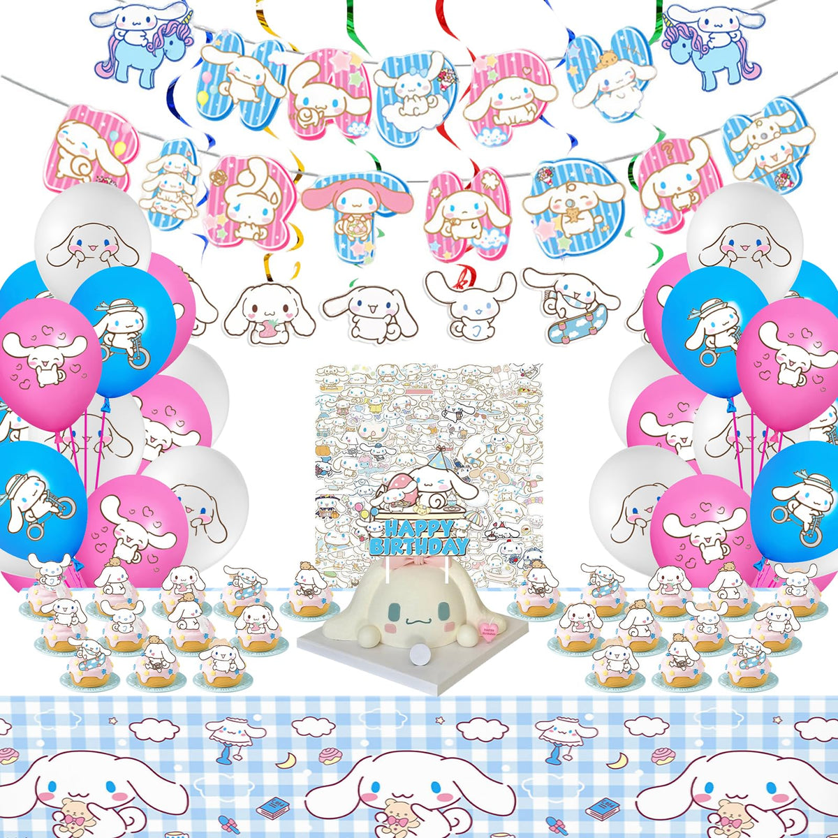 NlsqUK Cinamorol 104 Pieces Party Decorations Sanrio Cartoon Birthday Decorations Including Cinamorol Cake Toppers Banners Ballo