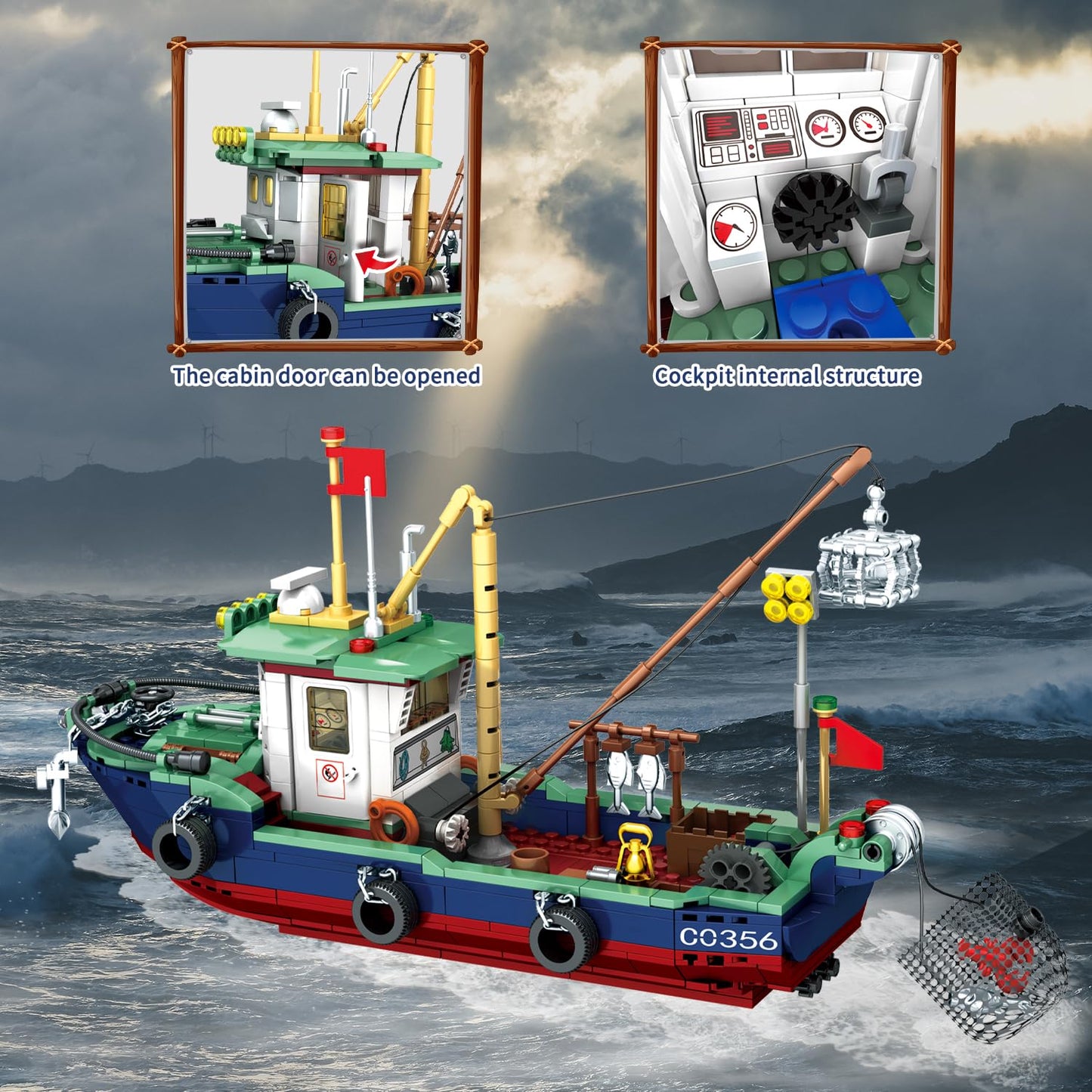Wvinvw Fishing Boat Building Blocks Sets, Compatible With Lego Boat Sea Fishing Building Blocks Toy Set Collection Decoration, G