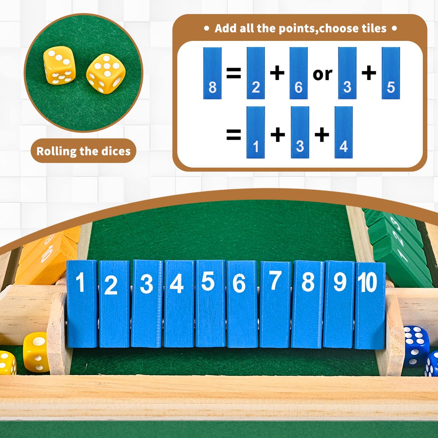 Cretvis 1-4 Players Shut The Box Dice Game, 10 Numbers Traditional Wooden Pub Bar Board Family Table Mat Game Dice For Kids And