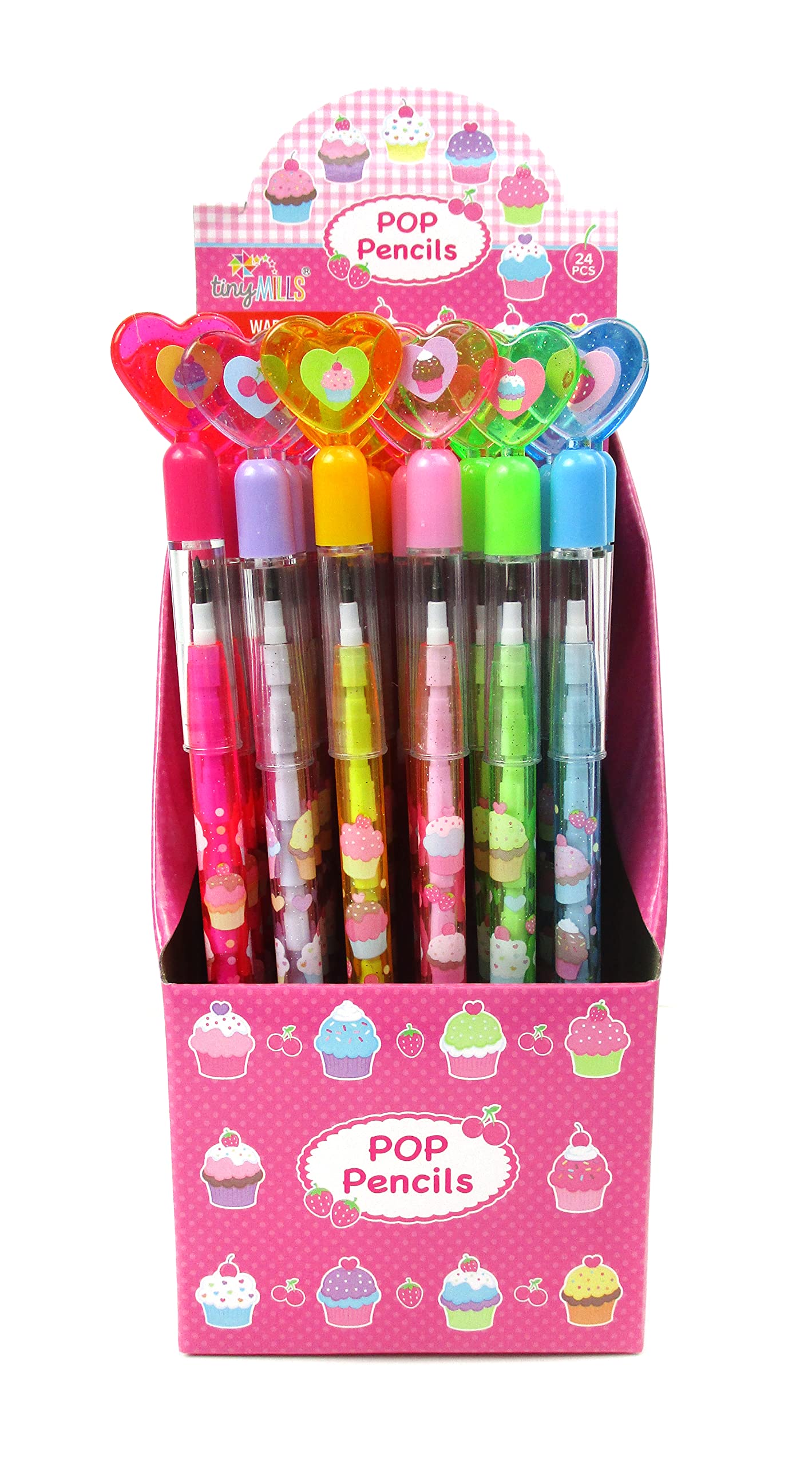 TINYMILLS 24 Pcs Cupcakes Happy Birthday Pencils Multi Point Stackable Pencil with Eraser for Party Favors Goodie Bag Stuffers