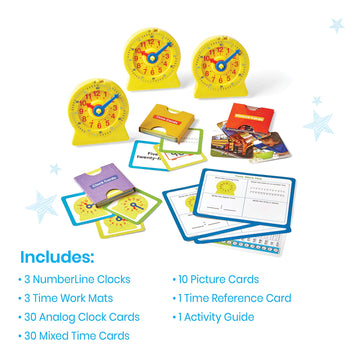Hand2Mind Telling Time Basics Center Kit - Learn To Tell Time Activity Set With Analog Classroom Clock For Kids
