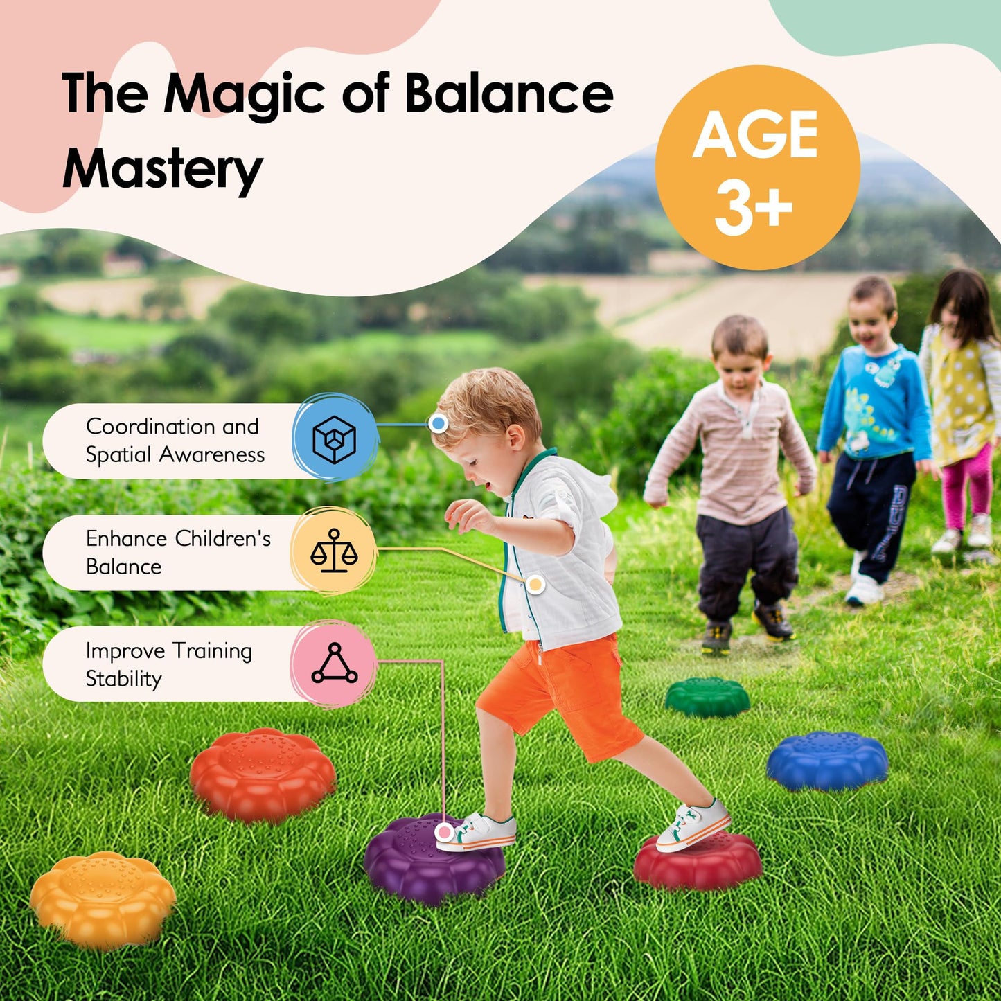 Frunsse Stepping Stones For Kids - 6Pcs Non-Slip Balance Stepping Stones, Promote Toddler Gross Motor Skills & Coordination, Obs