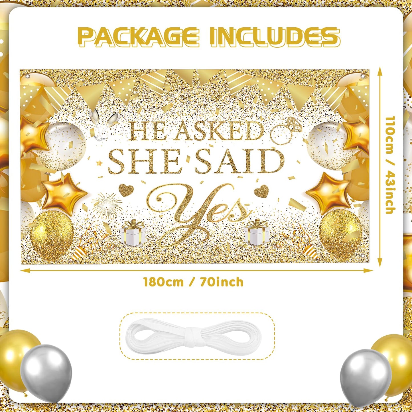 Gold Engagement Party Decorations White Gold Engagement Banner Backdrop He Asked She Said Yes Banner Decorations Wedding Banner