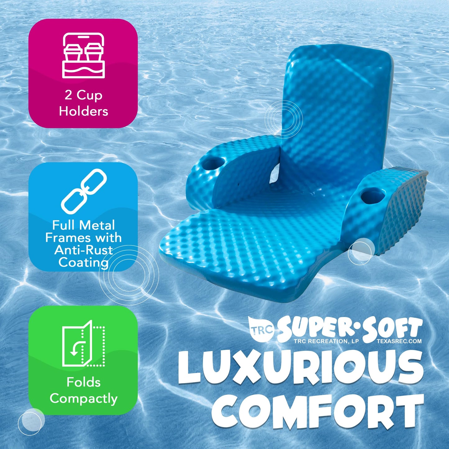 Trc Recreation Folding Baja Chair Foam Swimming Pool Float, Portable Super Soft Floating Lounger With 2 Cup Holders For Beach Essentials, Marina Blue