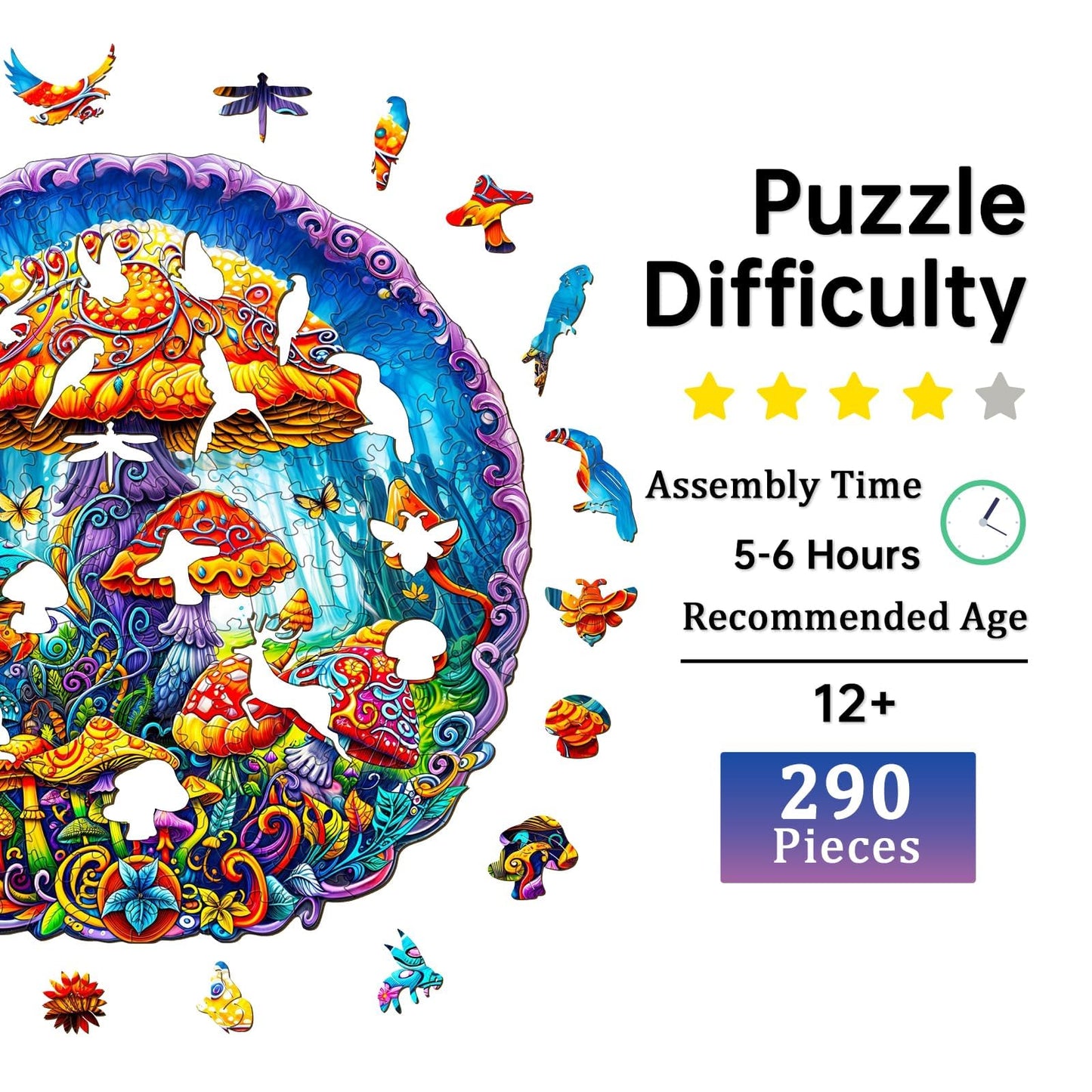 Jigfoxy Wooden Puzzles for mature-themeds  Magical Mushrooms Wood Puzzles mature-themed  Unique Animal Shape Wooden Jigsaw Puzzles  Birthday Gifts for Puzzles Lovers Family Friend (L-13.3 * 13.3in-290pcs)