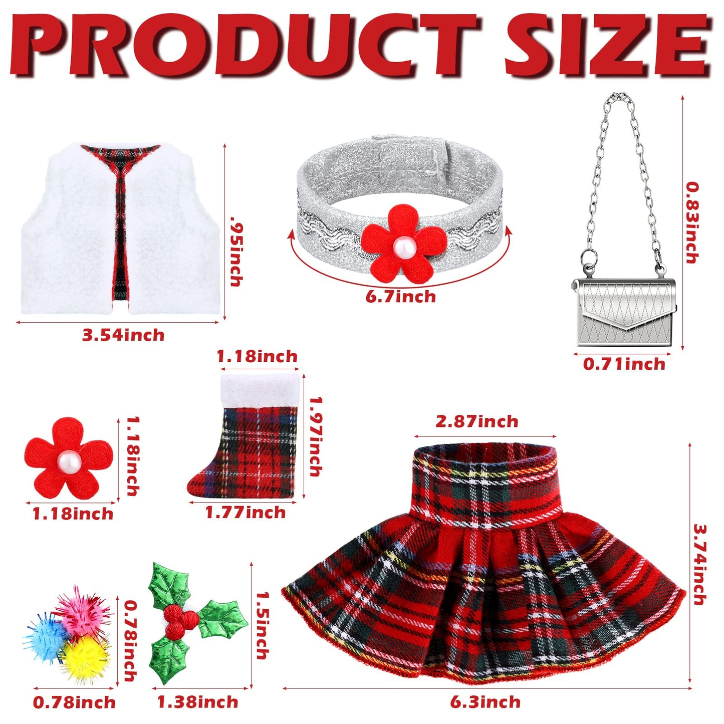 Aoriher 5 Pcs Santa Christmas Elf Doll Clothes Christmas Doll Clothing Costume Accessories Including Fluffy Vest  Plaid Skirts  Socks  3 in 1 Headband and Mini Silver Metal Bag for Doll Elf Outfit