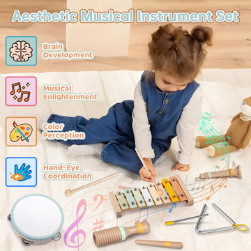Baby Musical Instruments - Montessori Musical Toys For Toddlers 1-3, Neutral Colors Wooden Percussion Instruments Set, Modern Bo