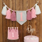 HODIHIWI Pink Baby Girl 1st High Chair Banner Wood Bead Tassel Garland Crown Hat Wooden Cake Topper Birthday Party Decorations